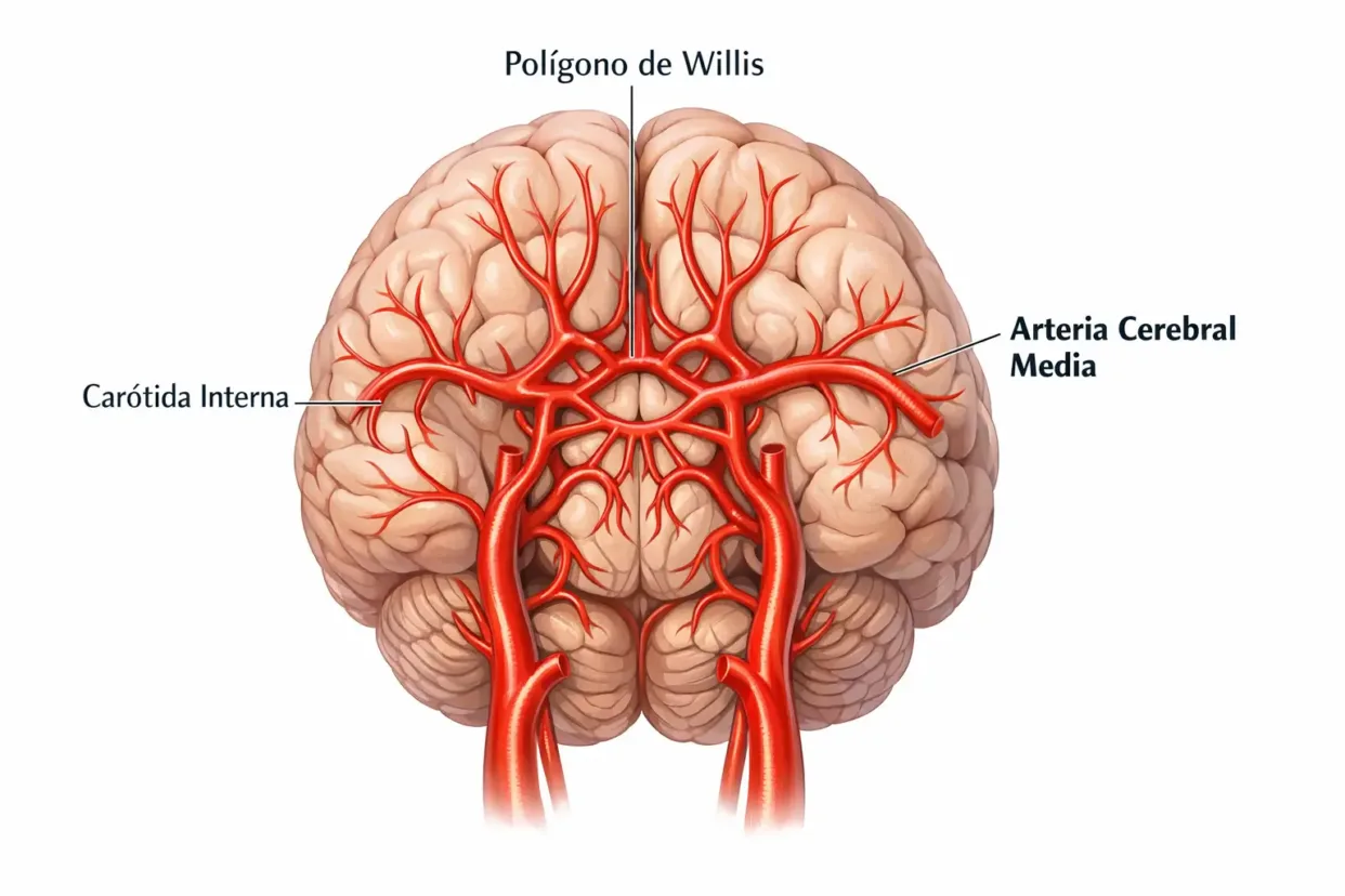 Esquema de obstrucción de la Arteria Cerebral Media Izquierda en un ictus isquémico